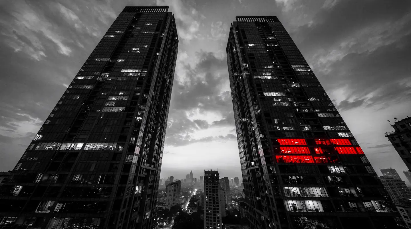 luxury residential towers at dusk with one row of windows lit red, the lodha developers campaign that sold 45 flats digitally