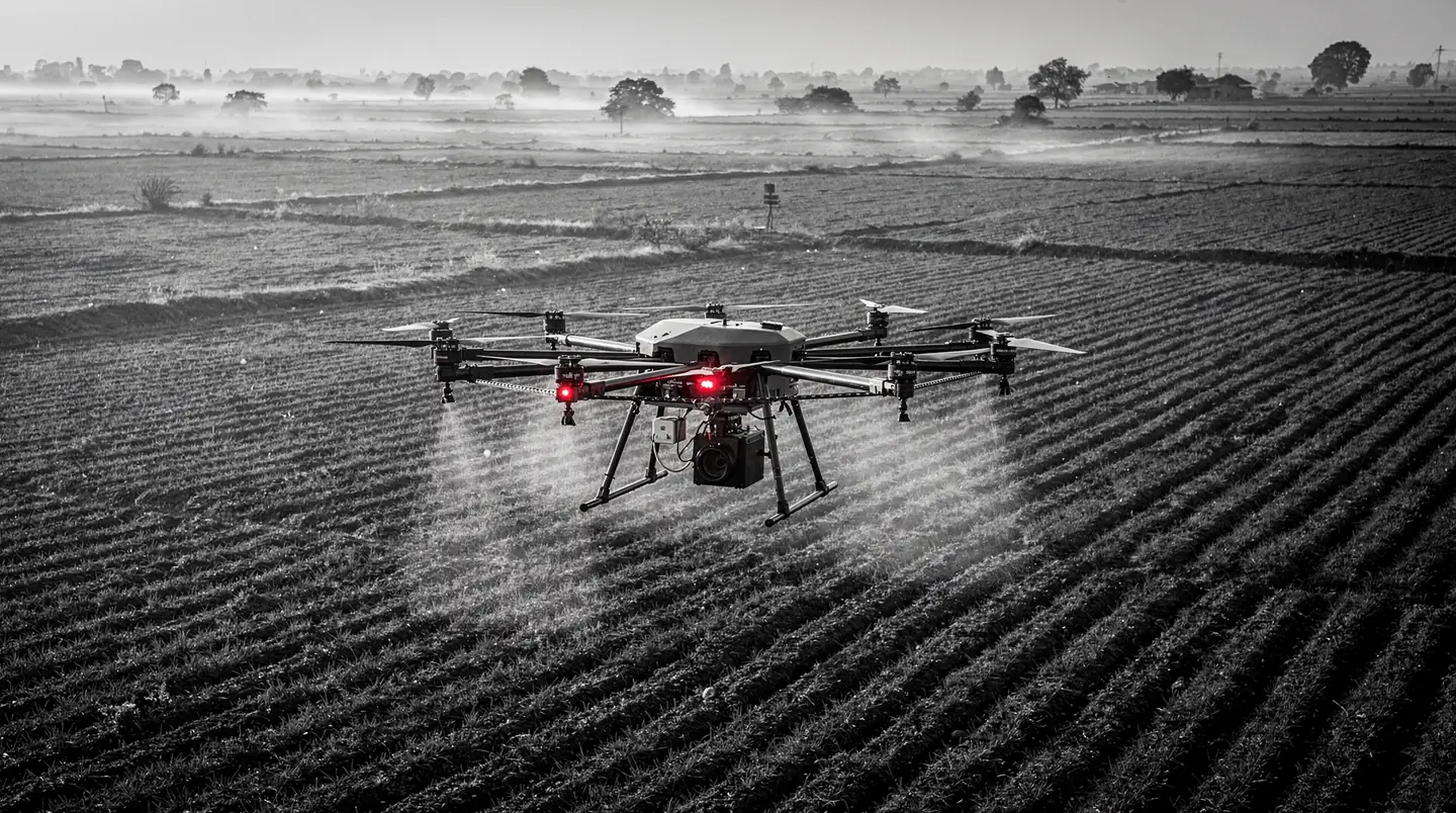 agricultural spraying drone flying low over farmland at dawn, the marut drones campaign that returned 36x roas