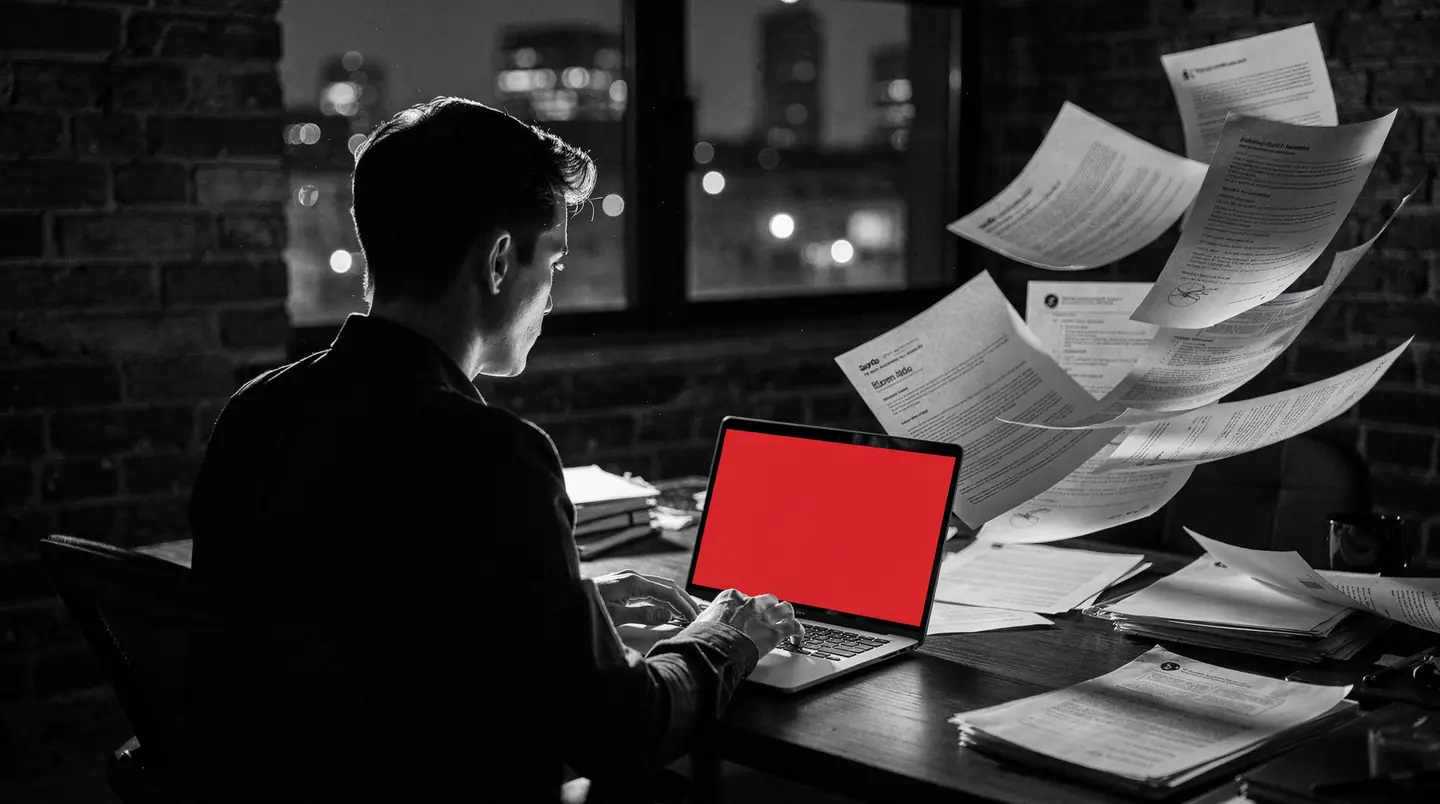 a job seeker at a laptop at night with resumes flying off the desk, the think labs one-click job application saas built for the us in 2019