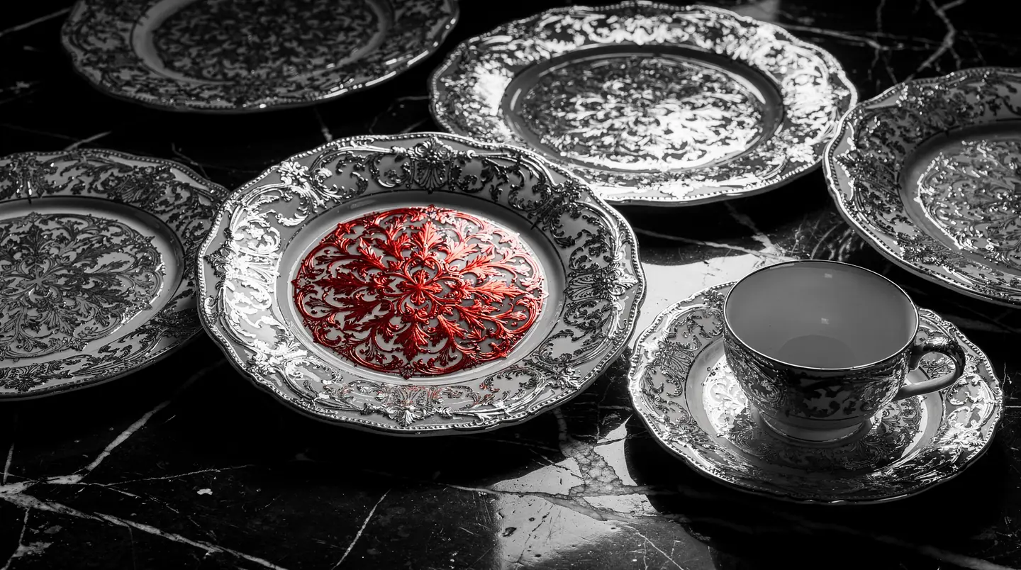 ornate baroque porcelain plates on black marble, the versace x rosenthal india launch case study